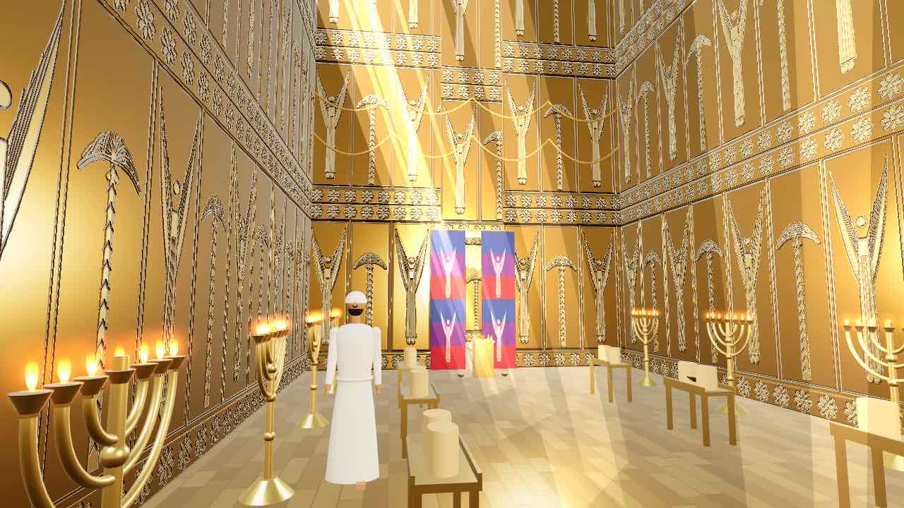 The Holy Place, lined with carved gold: cherubims and palm trees, ten lampstands and tables, and the doors of the oracle.