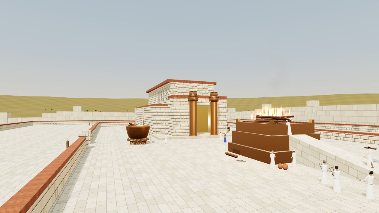 The inner court of Solomon's Temple: the porch with the pillars Jachin and Boaz, the molten sea on its oxen, and priests at the brasen altar.