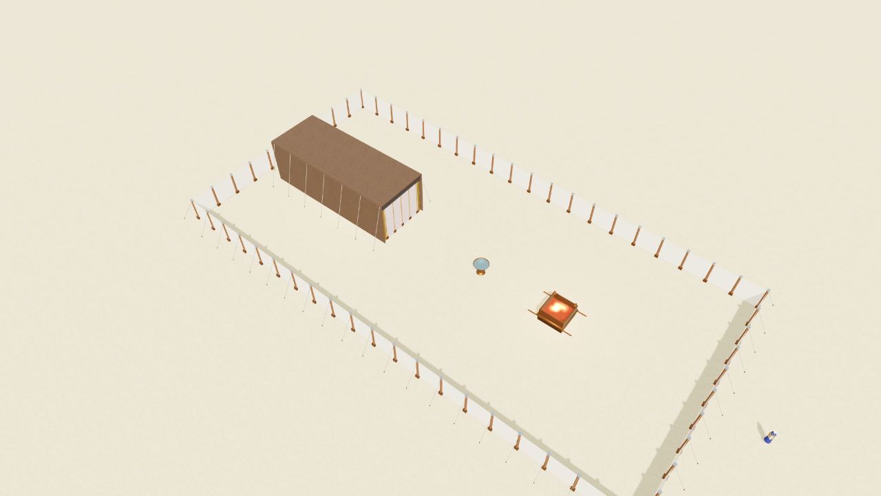 The Tabernacle from above: the courtyard of hangings, the bronze altar, the basin and the tent.